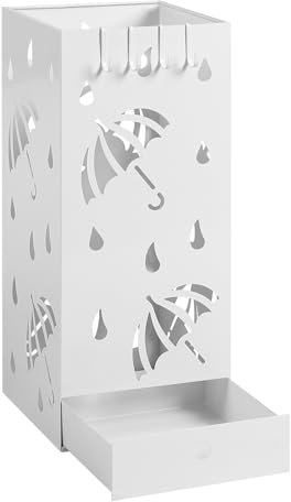 Laneetal Paragüero de Metal, Soporte de Paraguas, Paragüero con 4 Ganchos y Bandeja de Goteo, Cubo Cuadrado para Paraguas con Agujeros de Dibujo, Blanco, 20x20x49cm