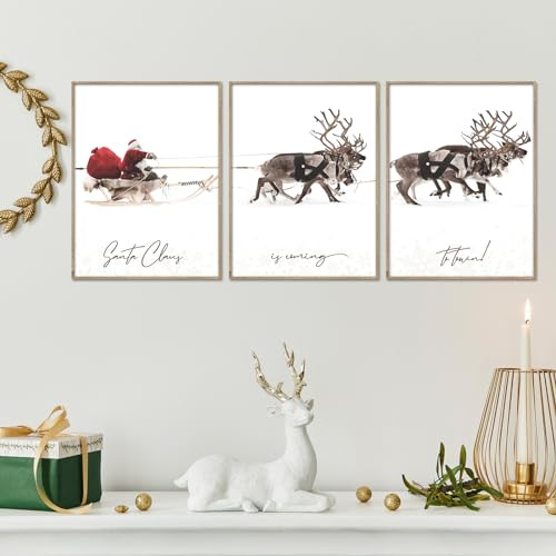 Prinajssiad Vintage 3-teiliges Weihnachts-Leinwandbild, rustikaler Weihnachtsmann mit einem Schlitten, Posterdruck, Weihnachtselch, Hirsch, Bilder, Wanddekoration für Winter, Heimdekorationen, 30,5 x