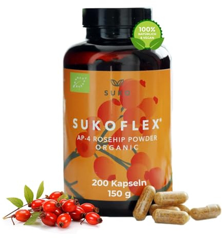 SUKO Bio Hagebuttenkapseln AP-4® Bio-Plantage, zur Gelenkunterstützung | Reich an natürlichem Vitamin C für eine normale Kollagenbildung, Antioxidantiv, Vegan ohne Zusätze, 33 Tage Vorrat 200 Kaps