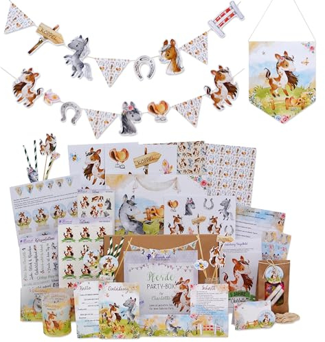 FEENSTAUB Kindergeburtstag Mottobox Pferde, Pferdegeburtstag, Party Deko, Kindergeburtstag Deko, Pferde Geburtstagsdeko, Einladung Pferdegeburtstag, Deko Set Kindergeburtstag, Party Set, Pferd Deko