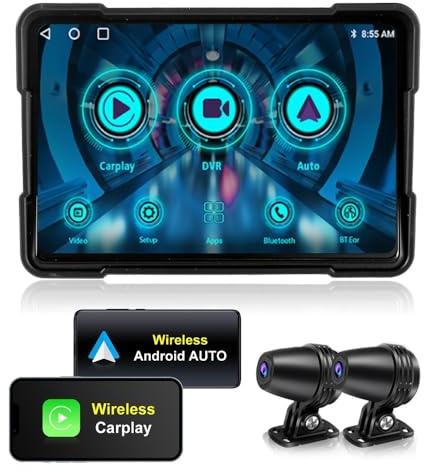 Kunfine Motorcycle Carplay&Android Auto, Motorbike GPS Navigation System, GPS for Motorcycles Waterproof, 5 Inch, Motorcycle DVR, Dual Bluetooth