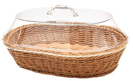 Rockible Woven Bread Basket with Lid - Food Serving Tray, Wicker Fruit Storage Container, Imitation Rattan for Table, Breakfast, Vegetables - 35cmx45cm