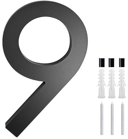 Numero civico 9 in lega di zinco nero da 12,7 cm, per esterni, galleggiante, moderno (include kit chiodo)
