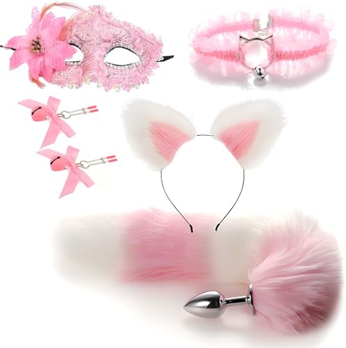 Fuchsschwanz Buttplug Anal, Paaren Cosplay mit 5 Stück Sexspielzeug Set (Anal plugs, Katze Ohren, Nippelklemmen, maske, Spitze Halsband)