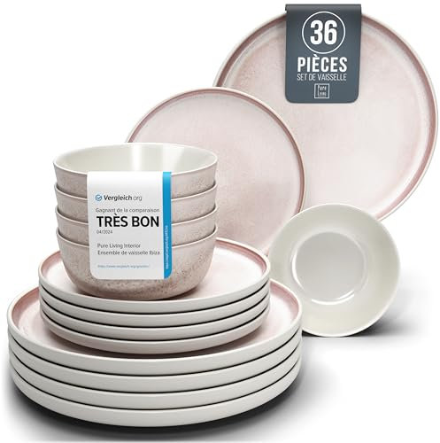 Steingut Geschirrset 12 Personen Ibiza 36 tlg. TESTSIEGER, Traumhaftes Mediterranes Steingut Geschirr Set, Schüssel- und Teller Set, Tafelservice 12 Personen, Geschirrsets Pure Living in Rose
