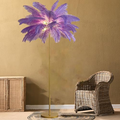 WYEIAHS Lampadaire Plume D'autruche,63‘' Lampe Plume Palmier Lampe De Chevet Lampe sur Pied pour Salon,Chambre À Coucher, Décoration De Bureau À Domicile (Purple)