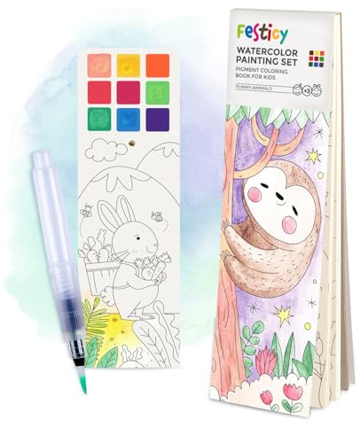 Festicy Cahier de Coloriage Aquarelle avec Pinceau Aquarelle I 25 pages pour coloriage I Kit voyage avion I Carnet aquarelle, livre aquarelle, livre coloriage enfant, Animaux (Édition 2026)