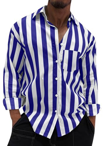 Generisch Hemden Herren Langarm, Freizeithemd Regular Fit Gestreifte Business Oberhemd Button Down Schwarz Cord (4XL, Blau)