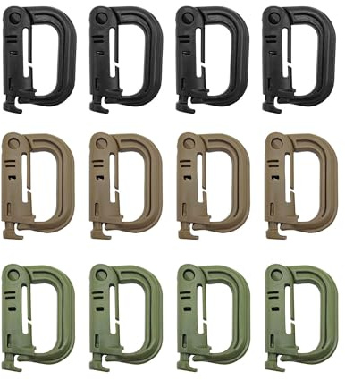 TUKEVA 12 Stück D-Ring Plastik Karabinerhaken Kunststoff Taktischer Karabinerhaken Accessories D-Shape Karabiner Kunststoff für Rucksack, Camping, Reisen,Wandern etc (Schwarz, Armeegrün, Wolfsbraun)