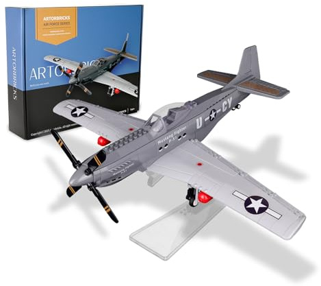 ArtorBricks P-51 Mustang Fighter Airplane Military Building Set with Display Stand - 258 Piece Model Kit for Adults, Collectors & Hobbyists