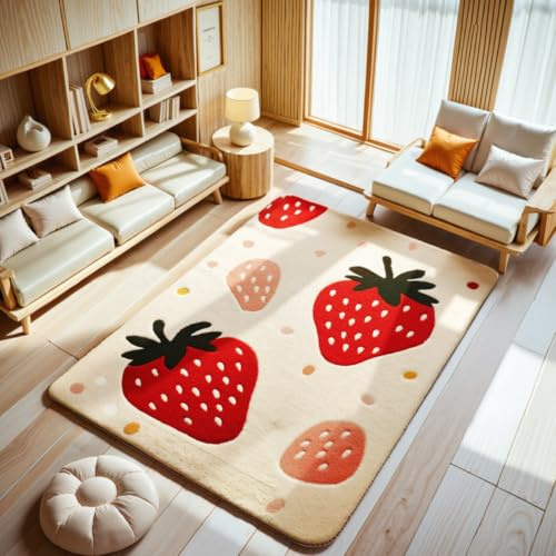 Tospass Kinderteppich Erdbeere Waschbarer Weicher Kunstwolle Kinderzimmer Teppich Mädchen Muster Pastell Kurzflor rutschfest Wohnzimmer Spielteppich, 120x160 cm