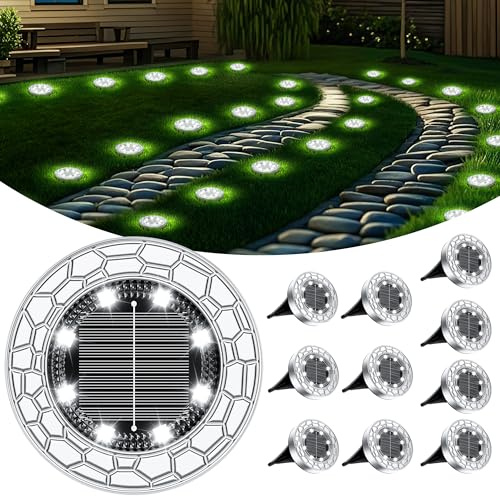 FIFlying Solar Lights Outdoor Garden, 10 Pack Cold White 8 LED Stone Design Stainless Steel Solar Garden Lights, IP65 Waterproof Ground Light for Pathway, Lawn, Yard Decorative Lighting