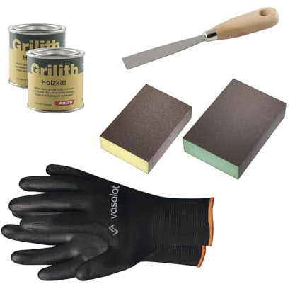 Grilith Holzkitt - Spachtelmasse für Holz, ideal zur Holzreparatur - Holzspachtelmasse mit Schleifblöcke K200 & K180 und Spachtel, schwarz/weiß 2x100ml
