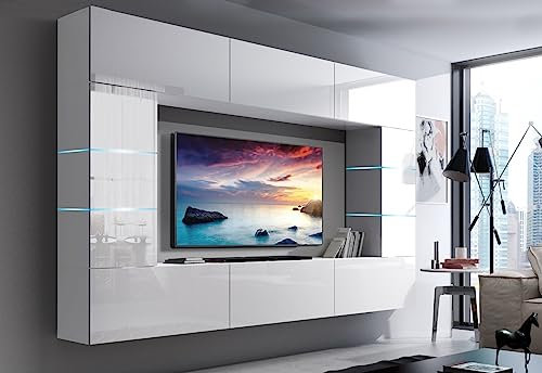 Ensemble de meubles de salon avec éclairage LED et meuble TV à pousser pour ouvrir, blanc brillant, 249 x 184 x 35 cm