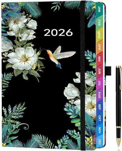 Kalender 2026 A5 Deutsch – Wochenplaner & Terminplaner mit Monatsübersicht, Januar bis Dezember 2026, mit bunten Monatsregistern, farbenfrohen Innenseiten, Innentasche & Stift - Schwarz