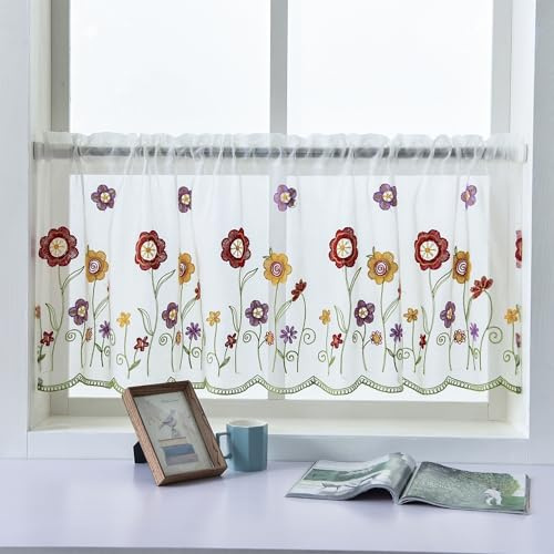 WeeQil Küchen Scheibengardine Voile Bistrogardine Modern Küche Kaffee Kurz Fenster Transparent Landhaus Vorhänge Kinderzimmer Höhe 30 45 cm Hoch mit Blumen Stickerei 1 Stück, HxB 45x140cm