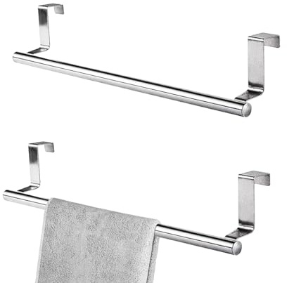 Wumuzai 2-pack över skåpdörr, handdukshållare kök utan borrning, 36 cm, rostfritt stål diskhanddukshållare för köksskåp, handduksstång för hängande på skåp, badrum, skåp, silver