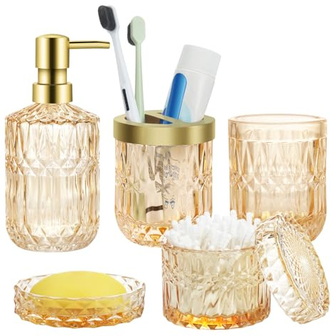 5 Stück Glas Badezimmer Zubehör Sets, Glas-Set mit Lotionspender, Seifenschale, Zahnbürstenhalter, Becher, Wattestäbchen-Gläser, Seifenspender Set （Goldene）