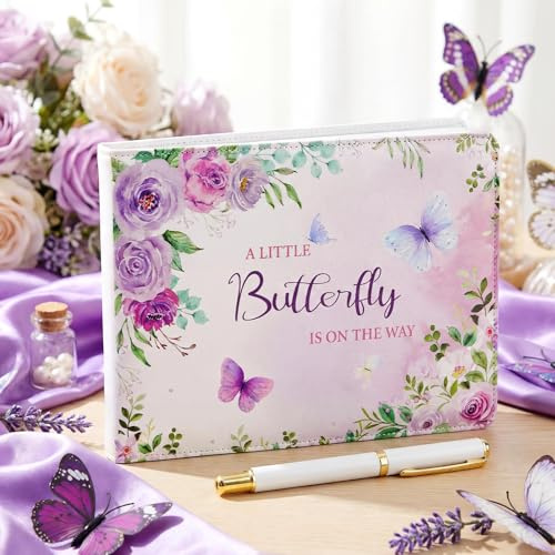 Engrowtic Baby Shower Leather Guest Book with Pen 112 Pages Thanksgiving Day Guestbook Sign in Guest Book with Birth Date Name Wishes Advice Gift for Parents(Butterfly)