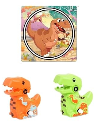 Spiritzohic T. rex Dinosaur Slot Car Racing Track Toy with 25-Piece Puzzle - Wind-Up Motor & Educational Play Set - Gift for Toddlers Preschool Kids Boys Girls Aged 3 4 5 6 Years Old
