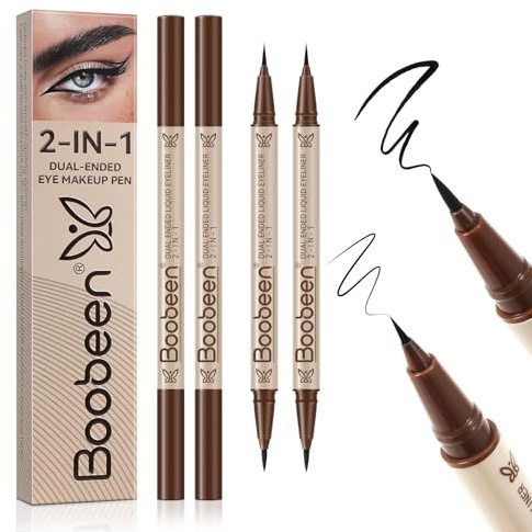 Boobeen 2er Set Doppelendiger Eyeliner, wasserdichter Matt-Eyeliner in Braun, mit breiter und feiner Spitze, verwischsicher für ganztägigen Halt