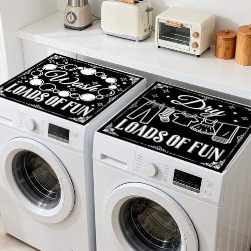 GLOBLELAND 2 Pcs Vintage Text Washer Dryer Dust Cover 23.6×23.6 inch Loads of Fun Washing Machine Top Protector Pads Non Slip Washing Machine Top Covers for Laundry Room Living Room Coffee Machine