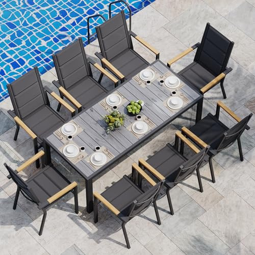 JUMMICO Gartenmöbel Set Terrassen Set Aluminium Gestell mit Holzoptik PS Tischplatte Komfortabler Hochlehner Einfach Montiert,8 Personen Set