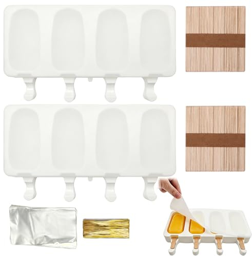 Moldes Helado Silicona, Grande Moldes Helados Magnum, Moldes Paletas, sin BPA, 100 palitos madera natural (C)