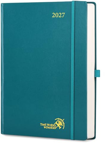 POPRUN Tagesplaner 2027 Kalender A4 Hardcover 1 Tag 1 Seite, Stiftschlaufe | 12-Monate-Terminplaner(Jan.2027-Dez.2027), 80 GSM Papier, mit Plastiklineal, für Büro & Studium(Pazifikgrün)