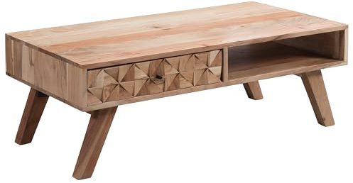 FineBuy Couchtisch 95x50x35 cm Akazie Massivholz mit Schublade | Wohnzimmertisch mit 3D-Front und Ablagefach, Sofatisch im Landhausstil, Echtholz handgefertigt, Unikat