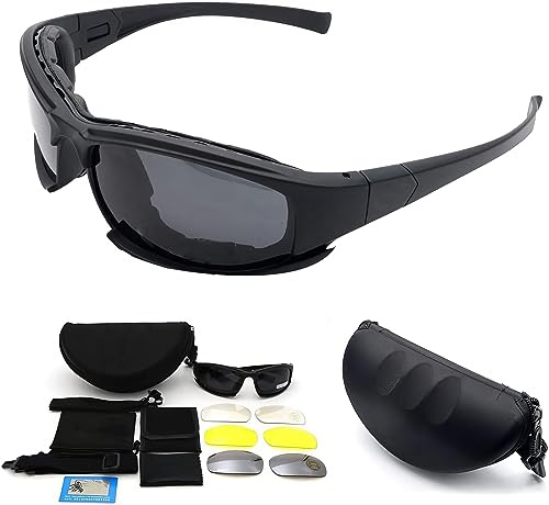 HugeAuto Polarized Sport Sonnenbrille, X7 Army Sonnenbrille Military Tactical Brille mit 4 Wechselobjektiv, Schutzbrille für Männer und Frauen beim Laufen Radfahren Skifahren