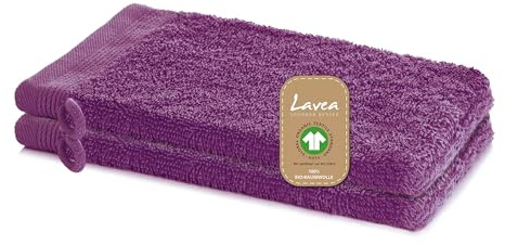 Lavea® 2 Guanti da Bagno 16 x 22 cm cm in Spugna di Cotone Bio 100% Morbidi e Assorbenti, per Casa Hotel Spa – Manopola da Bagno con Gancetto – Viola