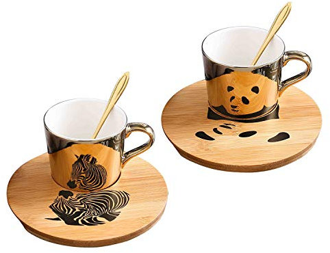 ABHOME Large Mirror Cup and Saucer Set 8.5 oz Panda Gift Ceramic Animal Espresso Cups with Saucers and Spoon 8 Ounce, Tea Coffee Cup with Spoon and Wood Saucer, Set of 2, Golden