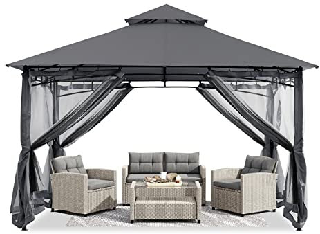 ABCCANOPY 3.35x3.35m Gartenpavillon für Terrasse Doppeldachweichdach Garten Hinterhof-Pavillon mit Netz für Schatten und Regen,Grau
