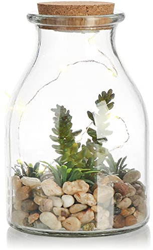 com-four® Kunstpflanze im Glas mit LED-Beleuchtung, stilvolles Stimmungslicht, Ambientelampe mit Kunstblumen, Steinen und 10 LED-Lampen (1 Stück - Crassula)