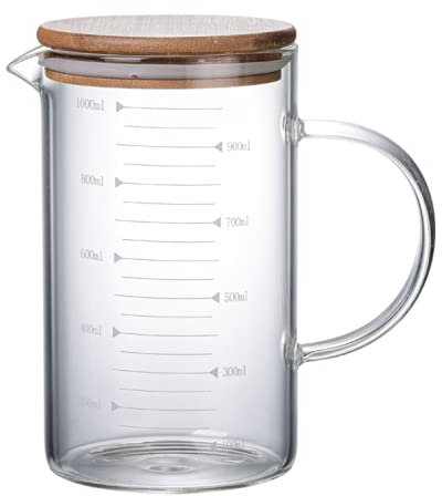 Glass Measuring Cup, Measuiring Jugs with Airtight Lid, Borosilicate Graduated Glass Mug with Handle, Pour Spout Clear Scale Mixing Beaker Cooking Baking Measuring Tool (1000 ML)