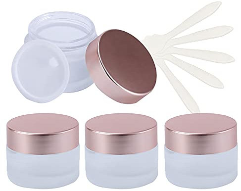 ZEOABSY 4 Pack 15ml Empty Face Cream Storage Containers Pots with Rose Lid, Frosted Glass Cosmetic Jars for Creams, Lotion, Sample, Make-Up Storage, Lotion Ointment, Lip Balm.