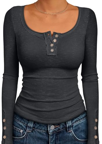 Kissfix Long Sleeve Shirts for Women Fall Winter Henley Tops Business Casual Ribbed Blouses Date Night Trendy Outfits Black Grey S