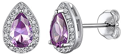 Suplight Clou d'oreille Boucles d'oreilles Femme Fille Pierre de Naissance Argent 925 Zircon Goutte de 4 * 6 mm avec Un Cercle de Petit Blanc Zircon Zirconium Violet Clair Juin