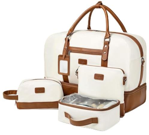 Wogarl 4PCS Weekender Bags for Women Large Overnight Weekend Travel Duffel Carry on Shoulder with Shoe Compartment Canvas Toiletry Bag for Travel Business Gym,Beige
