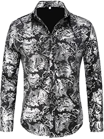 Allthemen Jacquard skjorta för män, långärmad satin fritidsskjorta, paisley, herrskjorta för fest, bröllop, silver, L