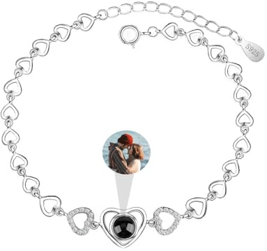 Aina Lighting Personalisiertes Fotoprojektions Armband Individuelles Armband mit Bild im Inneren Ich Liebe Dich Armband 100 Sprachen 925 Sterling Silber Herzanhänger Gedenkschmuck Geschenk für Frauen