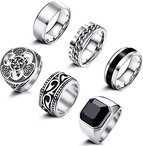 Adramata 6 Pcs Chevaliere Homme Bague Acier Inoxydable Noeud Celtique Bague Vintage Motard Gothique Bagus Homme Viking Bagues Argent Or Chevalières Bagues pour Homme