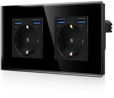 CNBINGO Doppelsteckdose Unterputz mit 4x USB-A, Glasrahmen Schwarz | 2-Fach Schuko Steckdose mit 3.1Amp USB-Anschluss, Zweifach Wandsteckdose Kindersicherung, Horizontale und Vertikale DIY