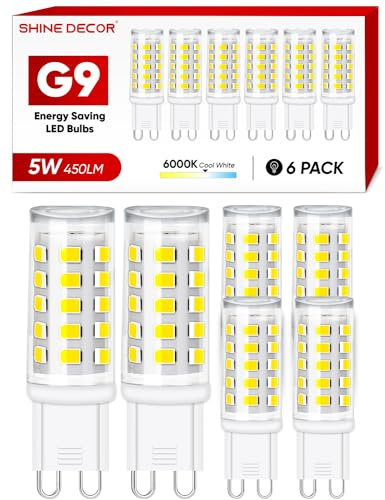 Shine Decor G9 LED Kaltweiss 6000K, 5W LED Leuchtmittel 450LM Nicht Dimmbar (Entspricht 50W Halogenlampe), LED Glühbirne LED Lampen, 360° Abstrahlwinkel, 6er Set
