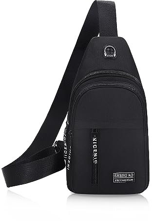 FuninCrea Mens Sling Bag, Oxford Chest Bag Shoulder Bag with Adjustable Shoulder Strap, Zipped Man Bag Cross Body Bag with Headphone Hole for Travelling, Hiking, Sports (Black Double Layer)