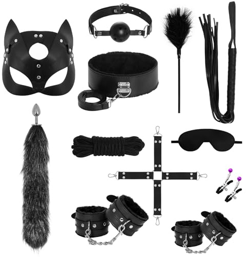 Rbenxia 12 PCS Sex Bondage BDSM Restraints Kits Fetish Handcuffs Ankle Cuff Collar Blindfold Whip Rope Nipple Clamps Ball Gag Mask Tail with Anal Adult Games Foreplay Sexy Toys for Couples (Black）