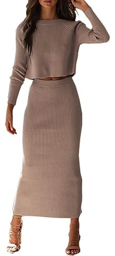Robe en Tricot Femme 2 Pièces Ensembles Uni Manches Longues Pullover Haut et Jupe Tricoté Pull à Col Roulé Robe Tricotée Loungewear Aotumne Hiver Midi Robe Loisirs