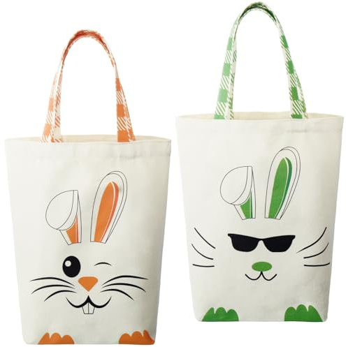 Weewooday 2 Pcs Easter Tote Bags for Kids Easter Canvas Gift Bags Bunny Ears Basket for Boys Girls(Green, Orange)