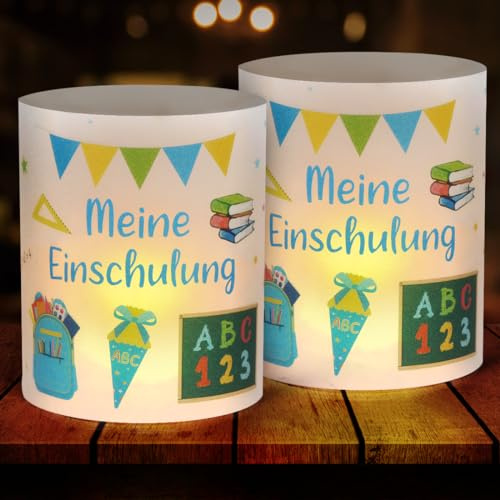 12 Windlicht Tischdeko Einschulung Junge, Meine Einschulungdeko, Windlichter Tischdeko Endlich Schulkind, Deko Einschulung Junge Tisch, Deko Schulanfang Jungen Blau, Geeignet für Teelicht oder Kerzen